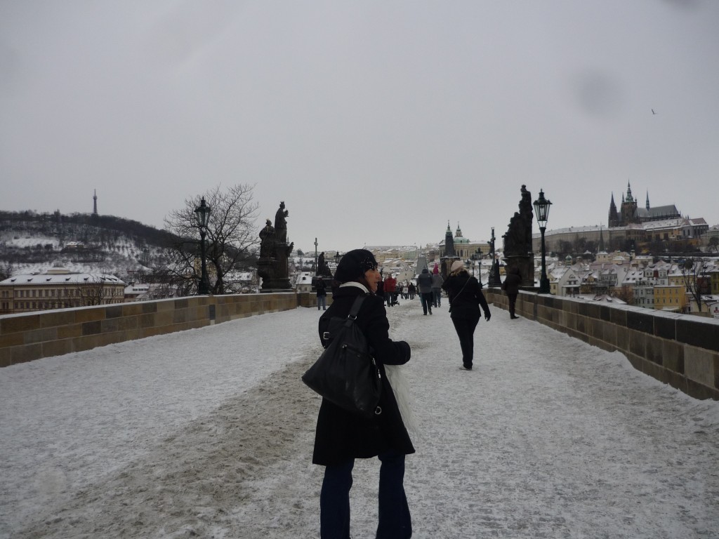 Walking across Charles Bridge to Prague Castle